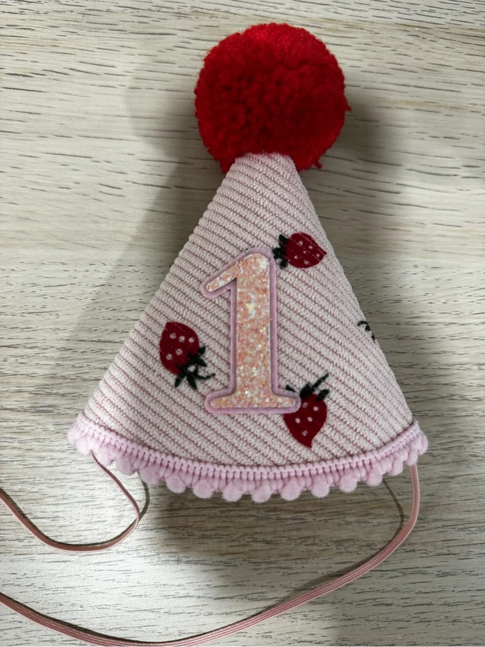 Kids 1st Birthday Strawberry Party Hat - Pink with Red Pom Pom